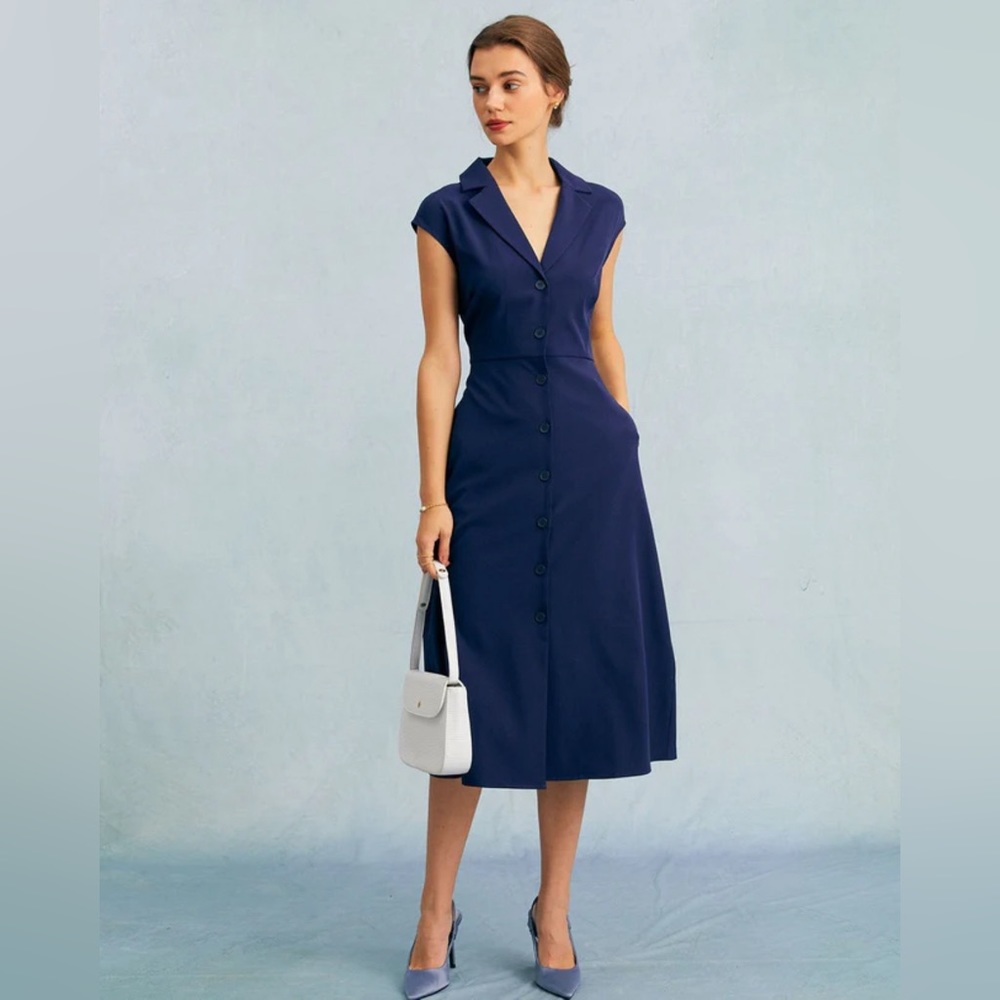 NWT RIHOAS The Navy V Neck Button Cap Sleeve Midi Dress Sz S